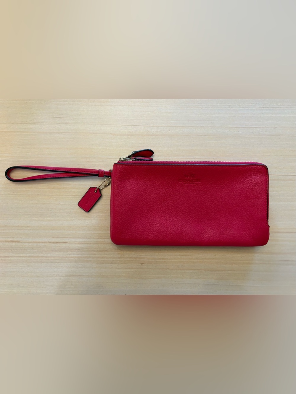 Coach Wristlet Leather Double Zip Clutch - hot pink (Dahlia).